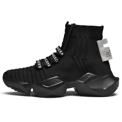 Men's black and white casual sports shoes with mesh lining, shown in large sizes.