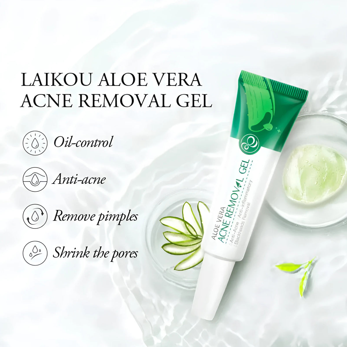 Green aloe acne treatment gel in Laiko Aloe Gel series with glycerin, 3-year shelf life