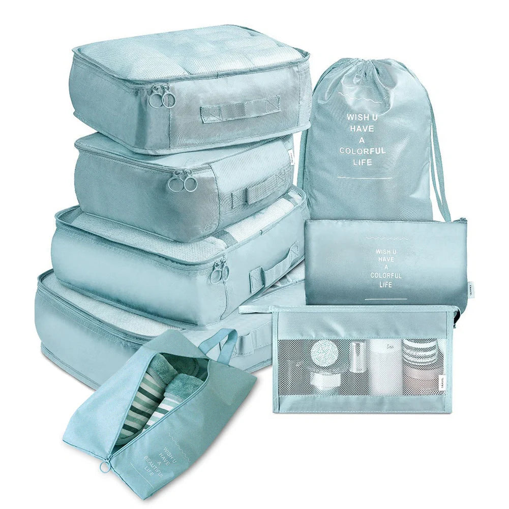 8-piece set of travel packing organisers in various colours for efficient luggage packing