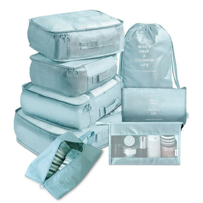 8-piece set of travel packing organisers in various colours for efficient luggage packing