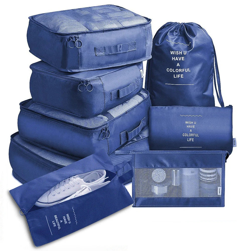 8-piece set of travel packing organisers in various colours for efficient luggage packing