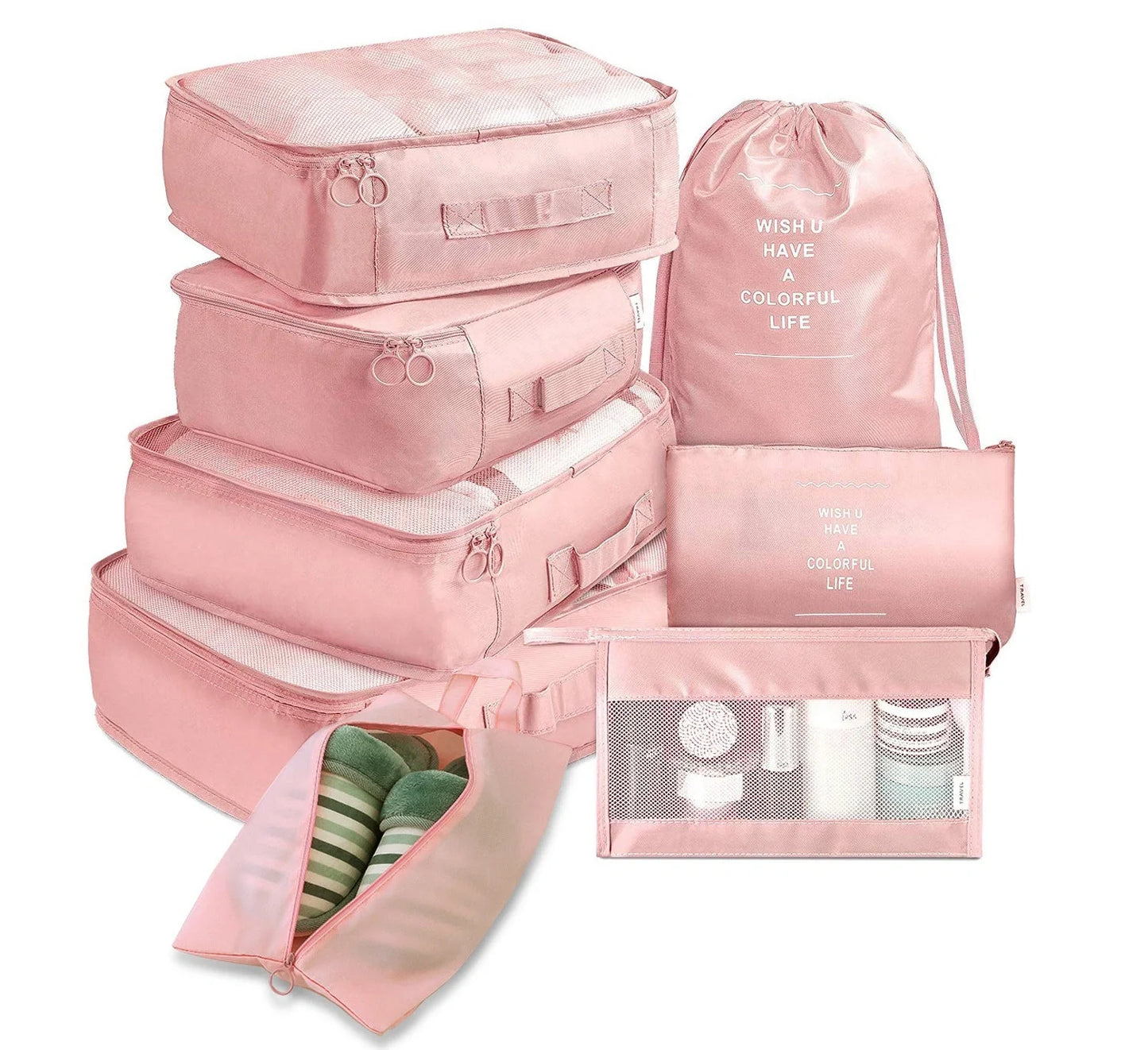 8-piece set of travel packing organisers in various colours for efficient luggage packing