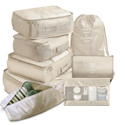 8-piece set of travel packing organisers in various colours for efficient luggage packing