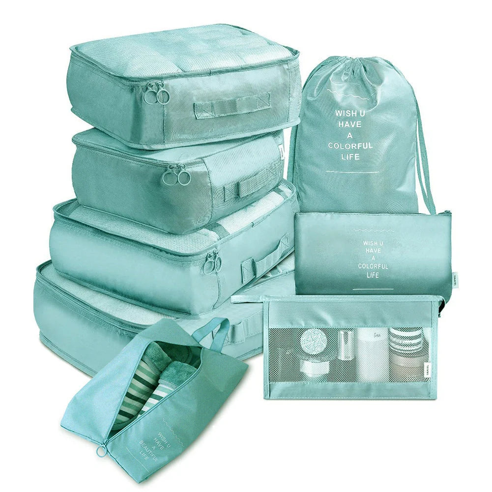 8-piece set of travel packing organisers in various colours for efficient luggage packing