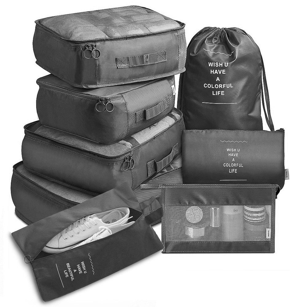 8-piece set of travel packing organisers in various colours for efficient luggage packing