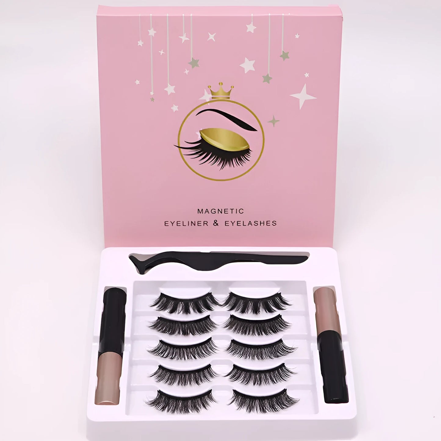 Magnetic false eyelashes set with 5 reusable pairs and dual-purpose eyeliner