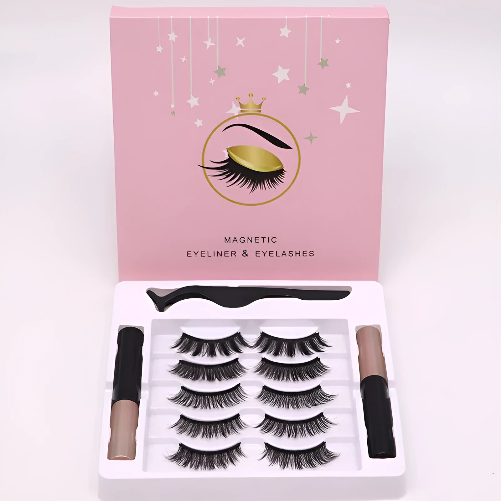 Magnetic false eyelashes set with 5 reusable pairs and dual-purpose eyeliner