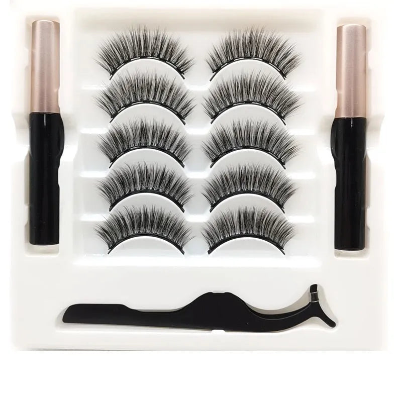 Magnetic false eyelashes set with 5 reusable pairs and dual-purpose eyeliner
