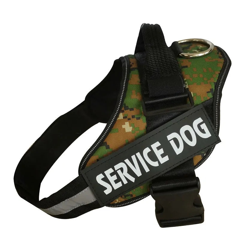 Adjustable reflective nylon dog harness vest with a sturdy handle and chest strap, shown on a size chart.