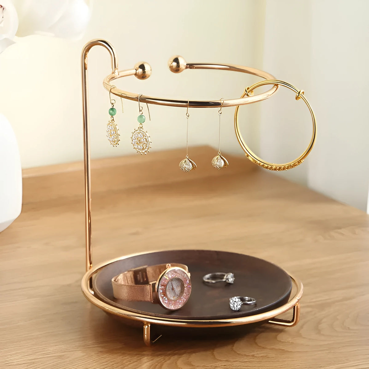 Walnut solid wood wall-mounted key and jewelry rack with electroplated iron hooks