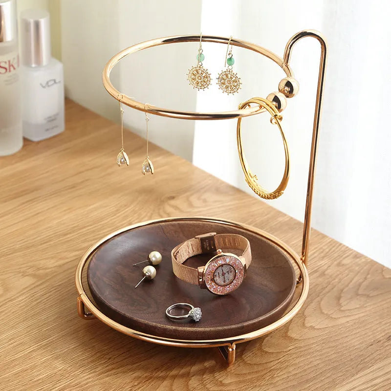 Walnut solid wood wall-mounted key and jewelry rack with electroplated iron hooks