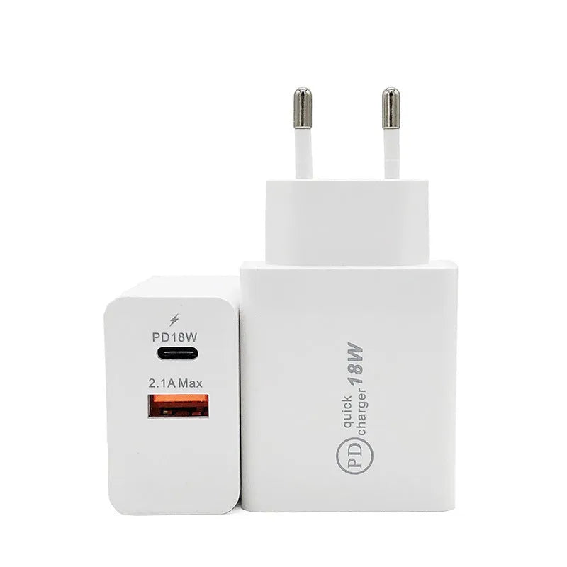 18W USB-C fast charger in black or white with US or EU plug options for smartphone charging