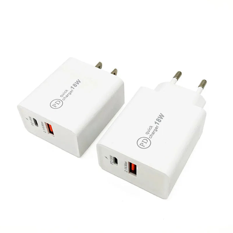 18W USB-C fast charger in black or white with US or EU plug options for smartphone charging