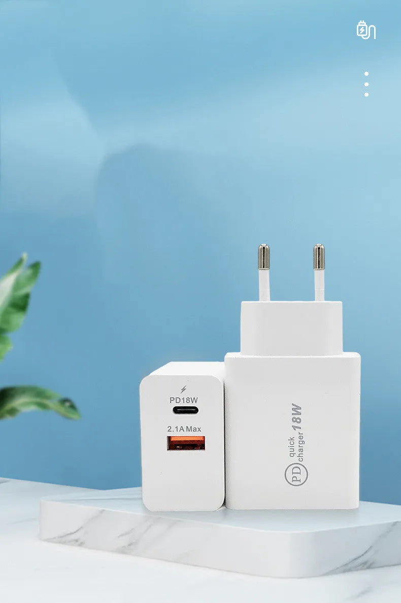 18W USB-C fast charger in black or white with US or EU plug options for smartphone charging