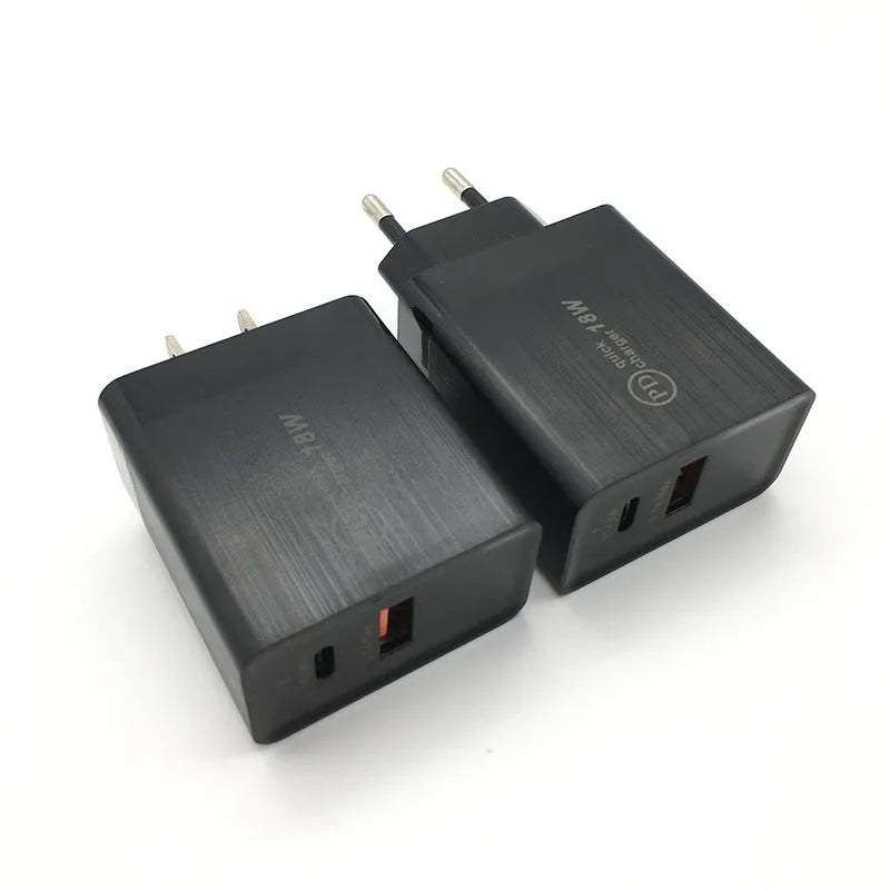 18W USB-C fast charger in black or white with US or EU plug options for smartphone charging