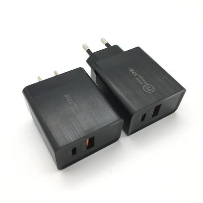 18W USB-C fast charger in black or white with US or EU plug options for smartphone charging