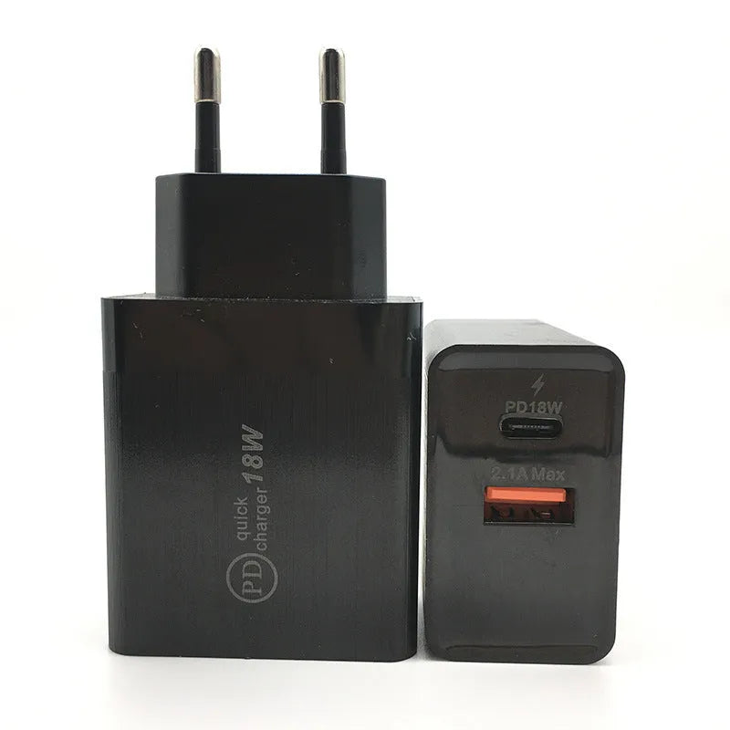 18W USB-C fast charger in black or white with US or EU plug options for smartphone charging