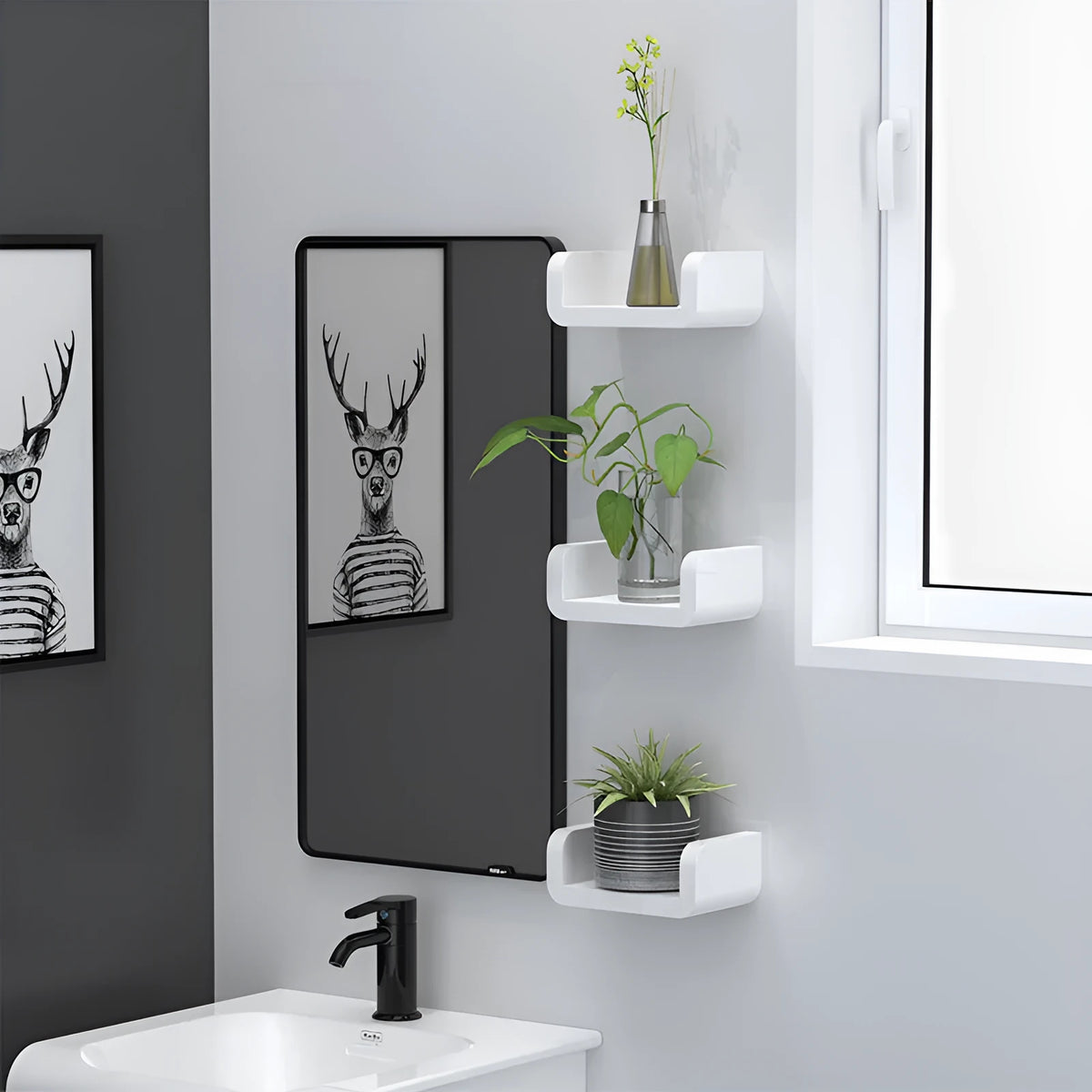 White plastic bathroom storage shelf mounted with suction cups on a tiled wall.