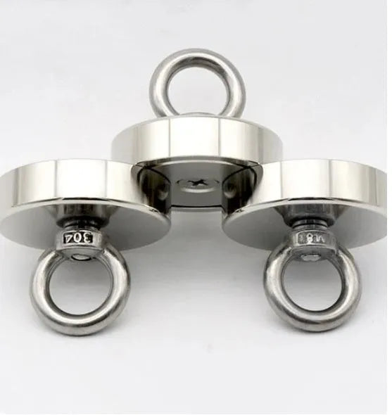 Deep sea fishing suction cup D25mm round ring fishing magnet with N35 neodymium iron boron material, nickel plated, axial magnetisation for salvage and retrieval operations in marine environments.