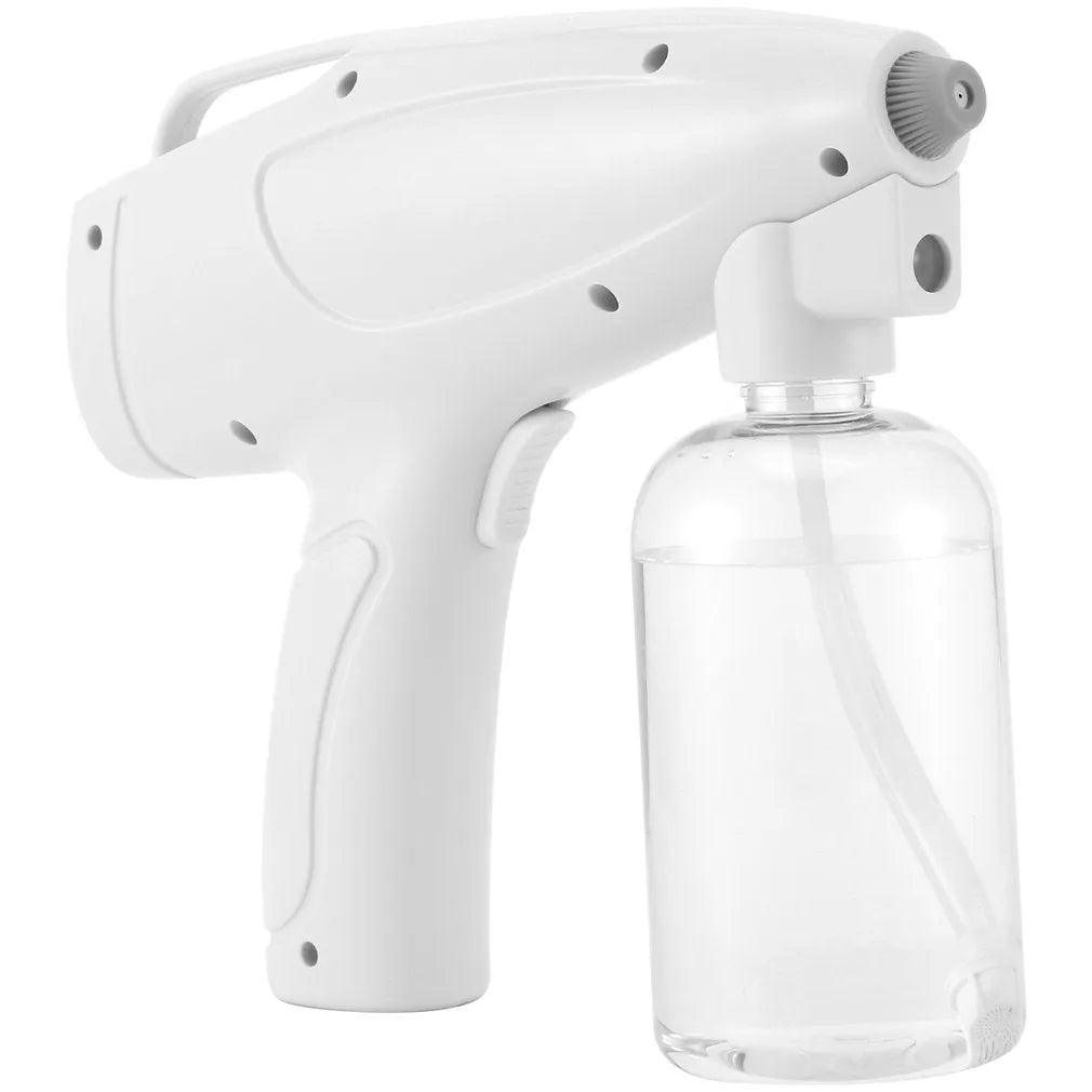 White handheld cordless electric spray disinfection gun with USB-C port and trigger, showing mist spray.