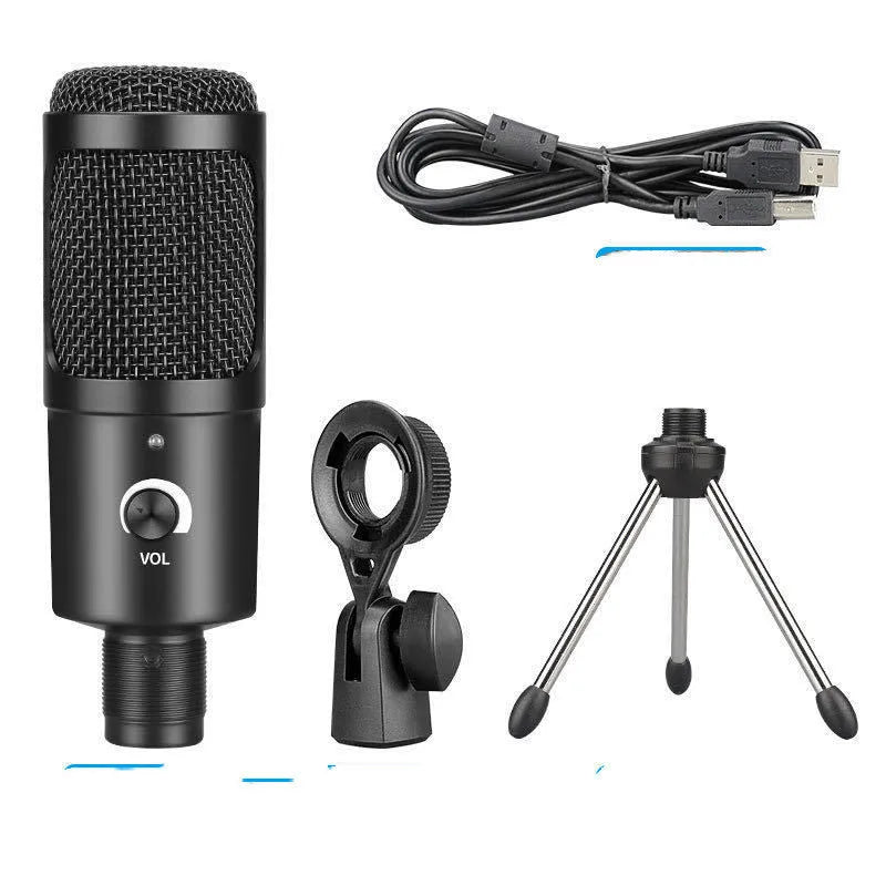 Black USB condenser microphone with integrated desktop stand for computer recording