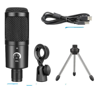 Black USB condenser microphone with integrated desktop stand for computer recording