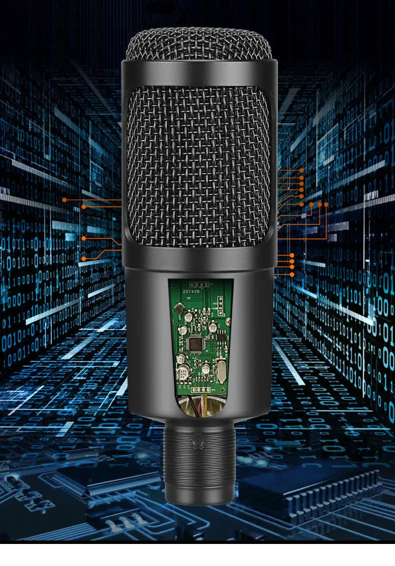 Black USB condenser microphone with integrated desktop stand for computer recording