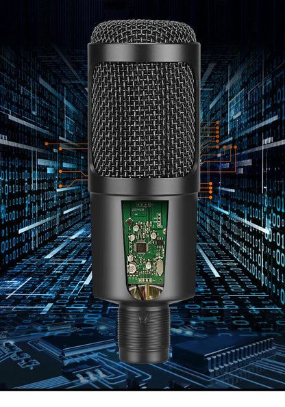 Black USB condenser microphone with integrated desktop stand for computer recording