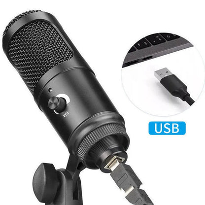Black USB condenser microphone with integrated desktop stand for computer recording
