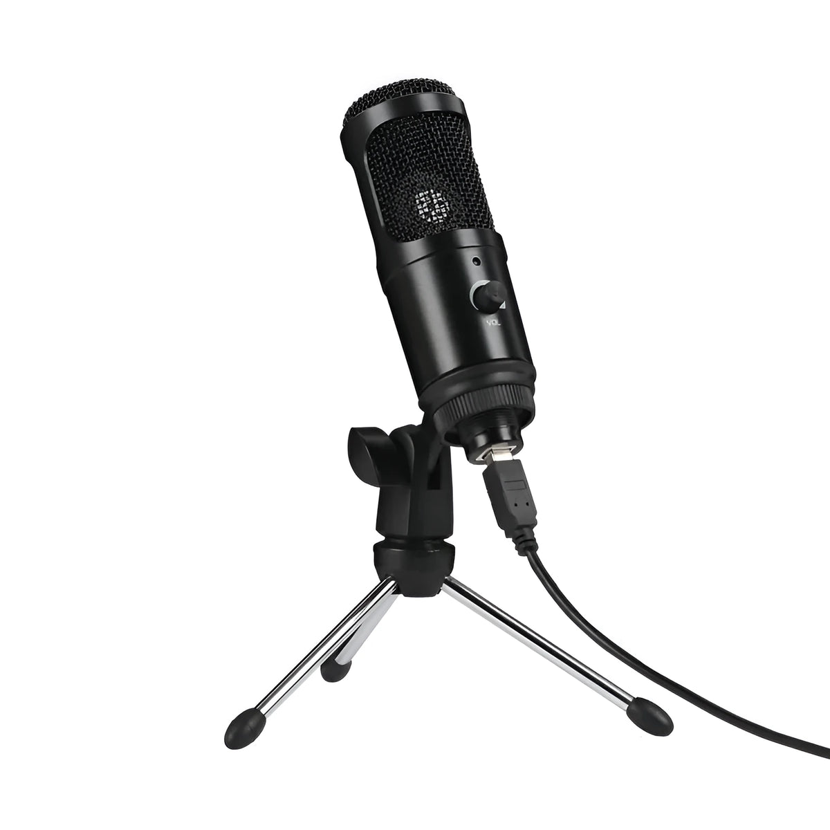 Black USB condenser microphone with integrated desktop stand for computer recording