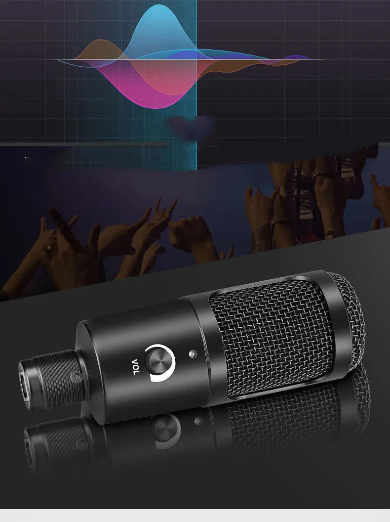 Black USB condenser microphone with integrated desktop stand for computer recording