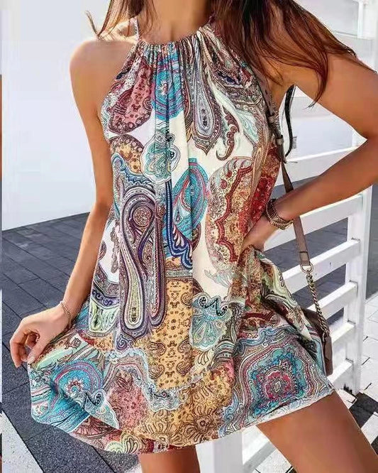 Back Short Skirt Printed Sleeveless Dress in colorful print