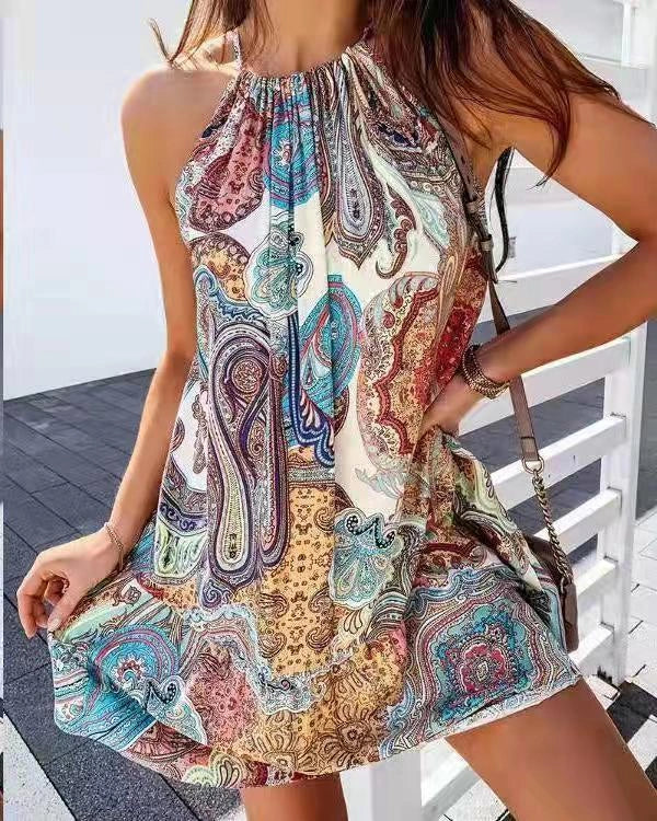 Back Short Skirt Printed Sleeveless Dress in colorful print