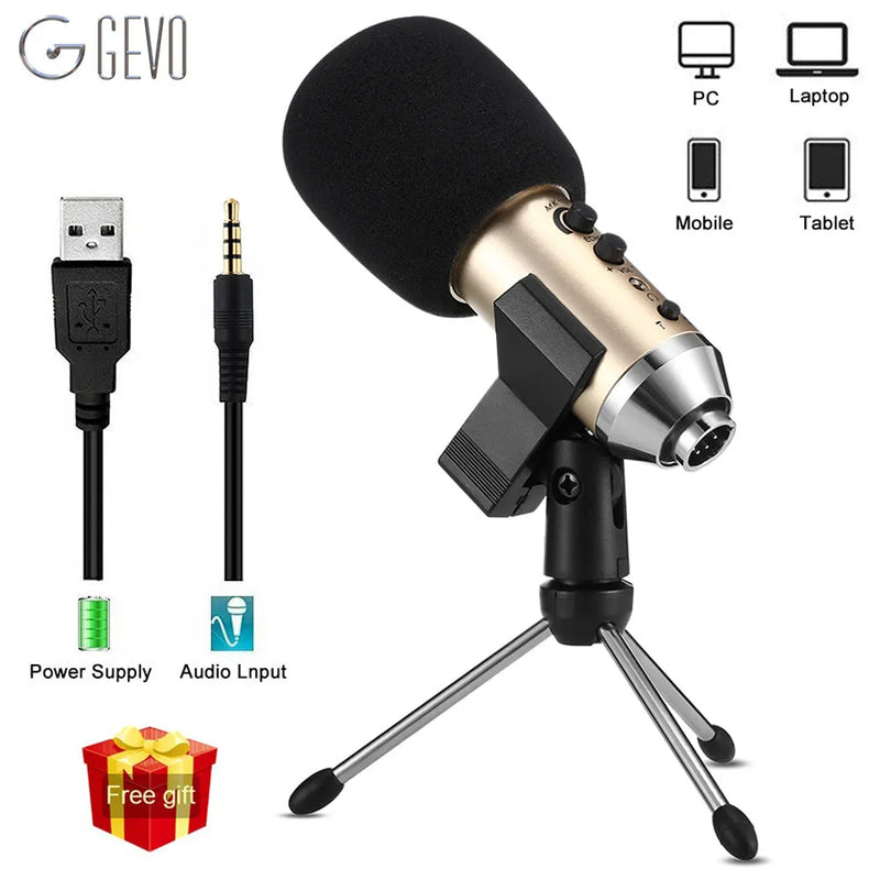 Condenser microphone for mobile phone and computer connectivity with USB-C interface, featuring a 149*43mm compact size and gold finish, includes a stand for desktop use with a heart-shaped polar pattern for focused voice capture.