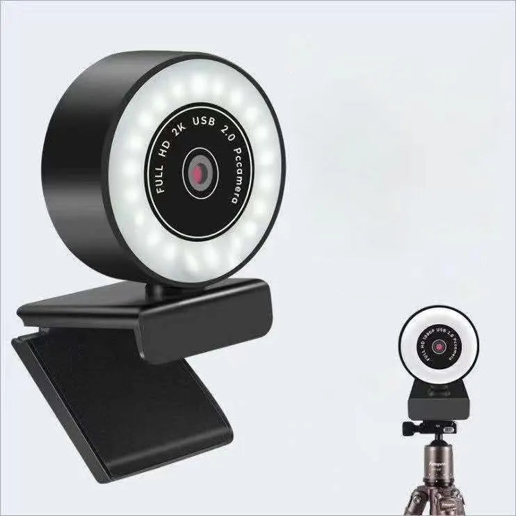 Black 1080p USB computer camera with built-in fill light and microphone for video conferencing