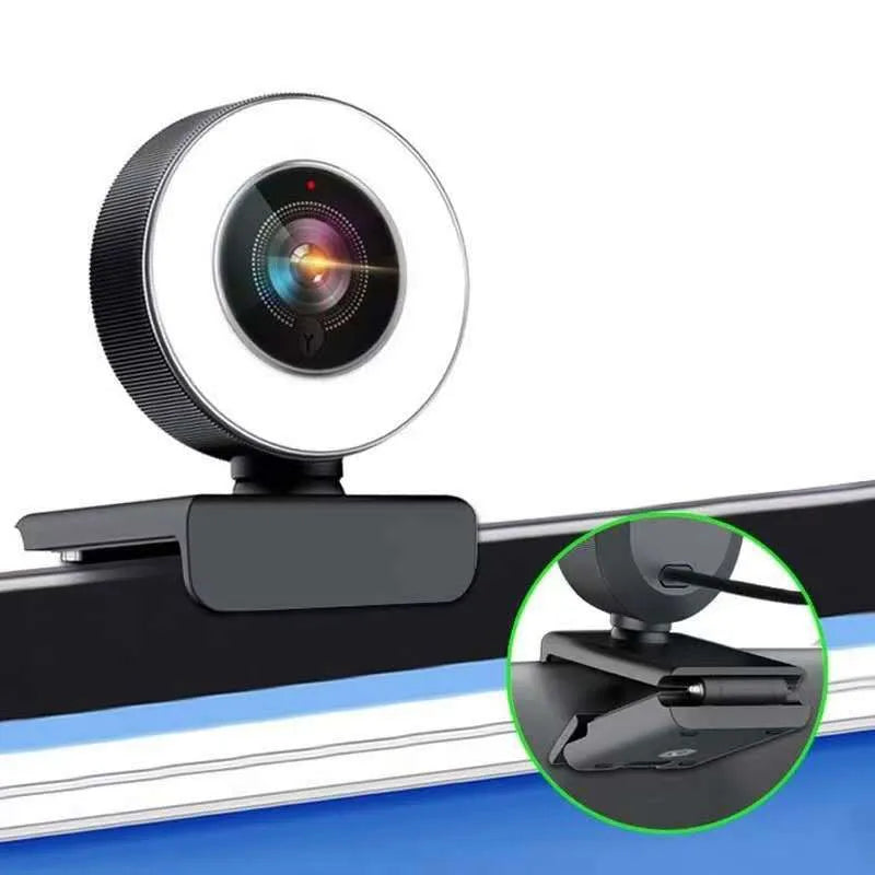 Black 1080p USB computer camera with built-in fill light and microphone for video conferencing