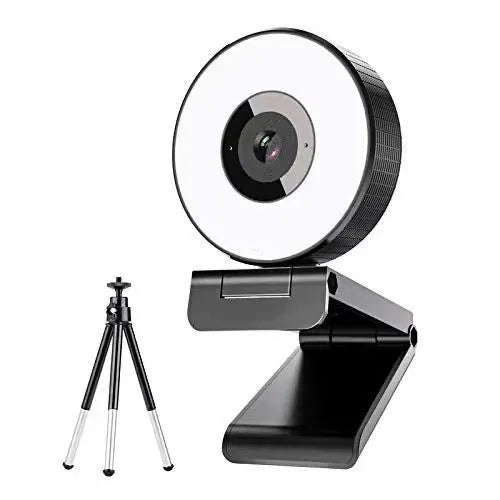 Black 1080p USB computer camera with built-in fill light and microphone for video conferencing