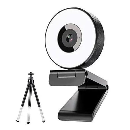 Black 1080p USB computer camera with built-in fill light and microphone for video conferencing