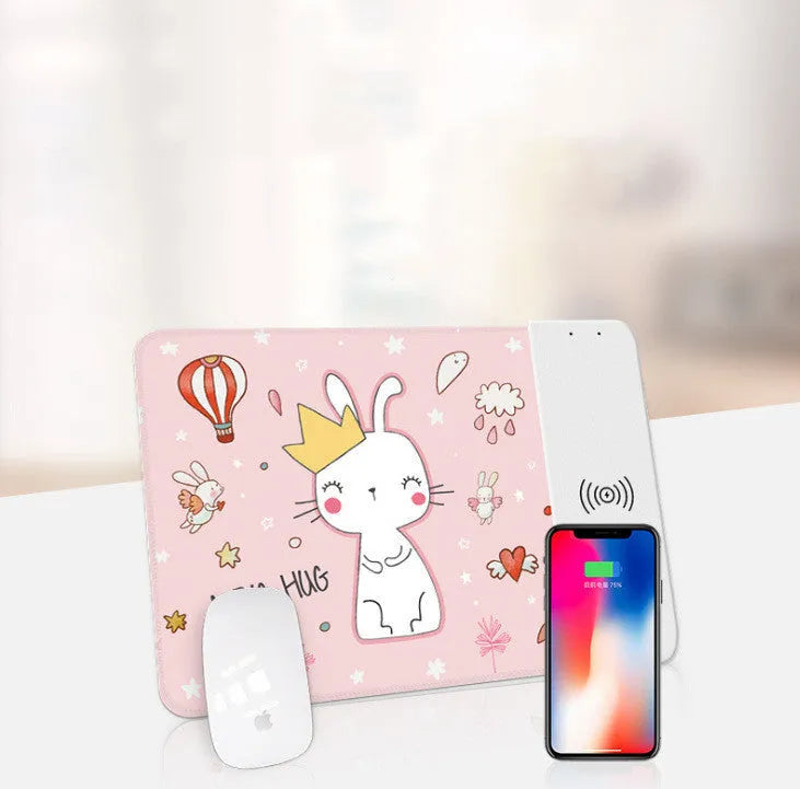 Wireless charging mouse pad with cartoon design, RGB lighting, and non-slip rubber base measuring 298mm by 215mm