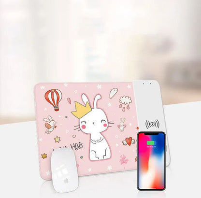 Wireless charging mouse pad with cartoon design, RGB lighting, and non-slip rubber base measuring 298mm by 215mm