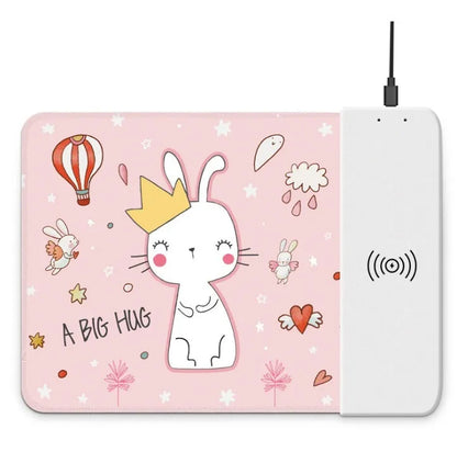Wireless charging mouse pad with cartoon design, RGB lighting, and non-slip rubber base measuring 298mm by 215mm