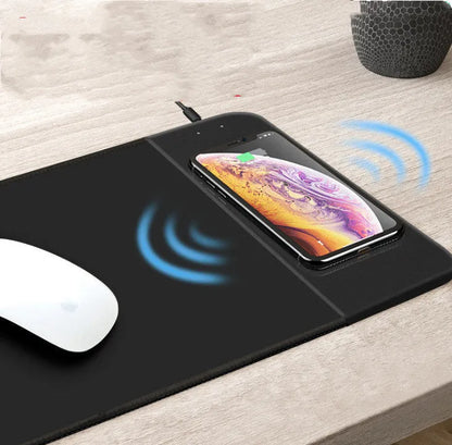 Wireless charging mouse pad with cartoon design, RGB lighting, and non-slip rubber base measuring 298mm by 215mm