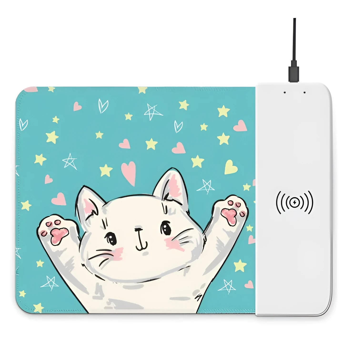 Wireless charging mouse pad with cartoon design, RGB lighting, and non-slip rubber base measuring 298mm by 215mm
