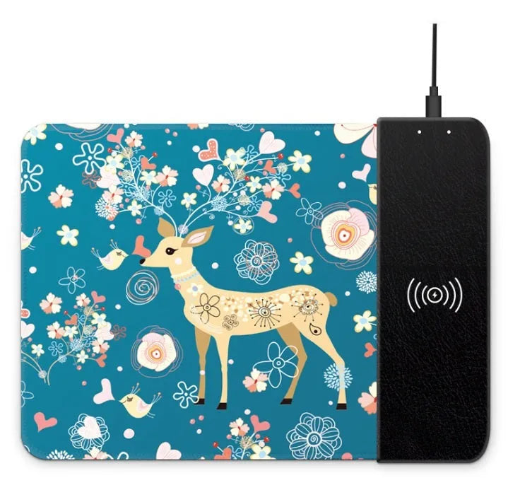 Wireless charging mouse pad with cartoon design, RGB lighting, and non-slip rubber base measuring 298mm by 215mm