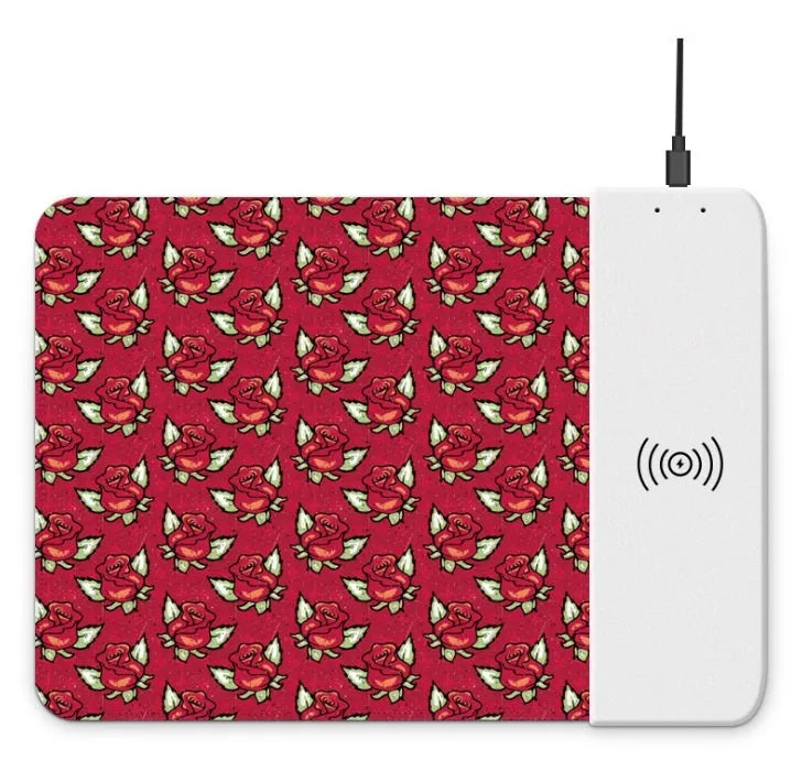 Wireless charging mouse pad with cartoon design, RGB lighting, and non-slip rubber base measuring 298mm by 215mm