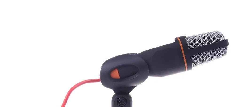Black wired PC microphone with clip-on holder, 13.3cm height, 1.85m cable
