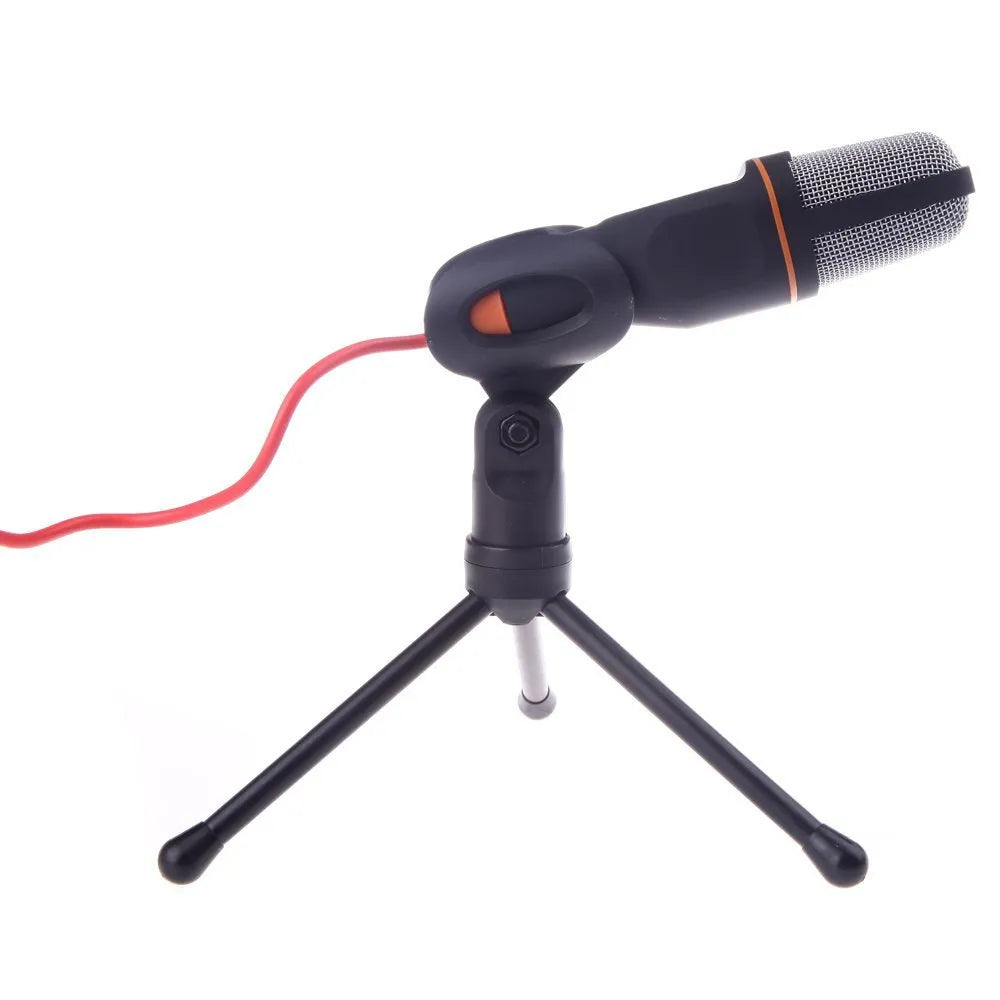 Black wired PC microphone with clip-on holder, 13.3cm height, 1.85m cable