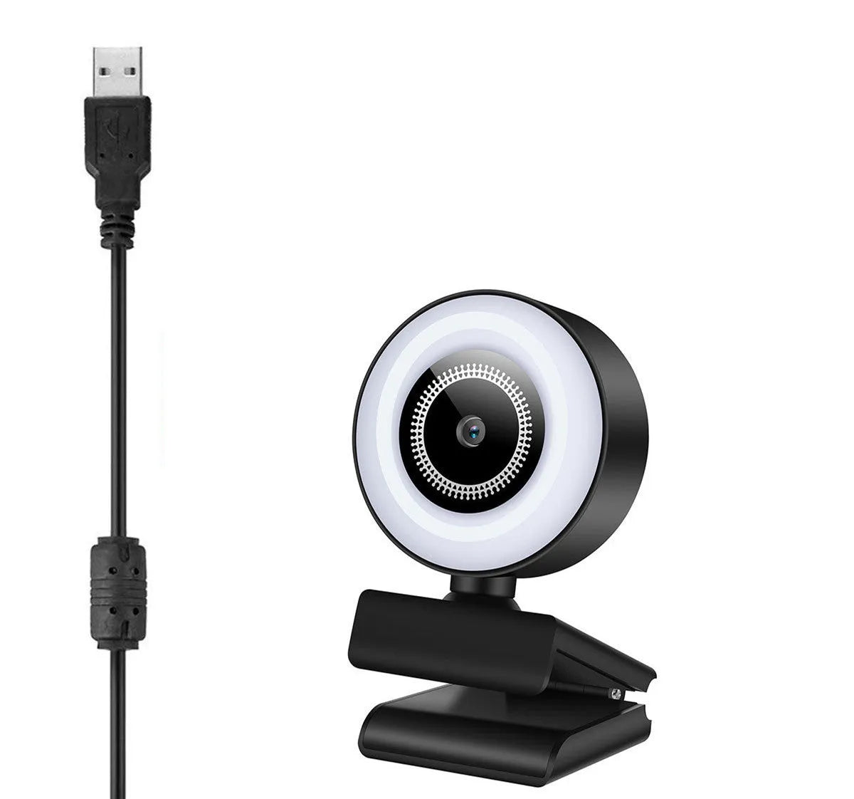 2K resolution USB webcam with adjustable LED ring light and built-in microphone