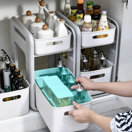 White 2-tier kitchen storage rack with pull-out drawer for efficient organisation