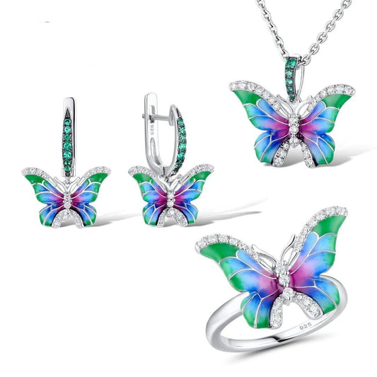 Vibrant epoxy butterfly ring and enamel paint jewelry set with intricate designs
